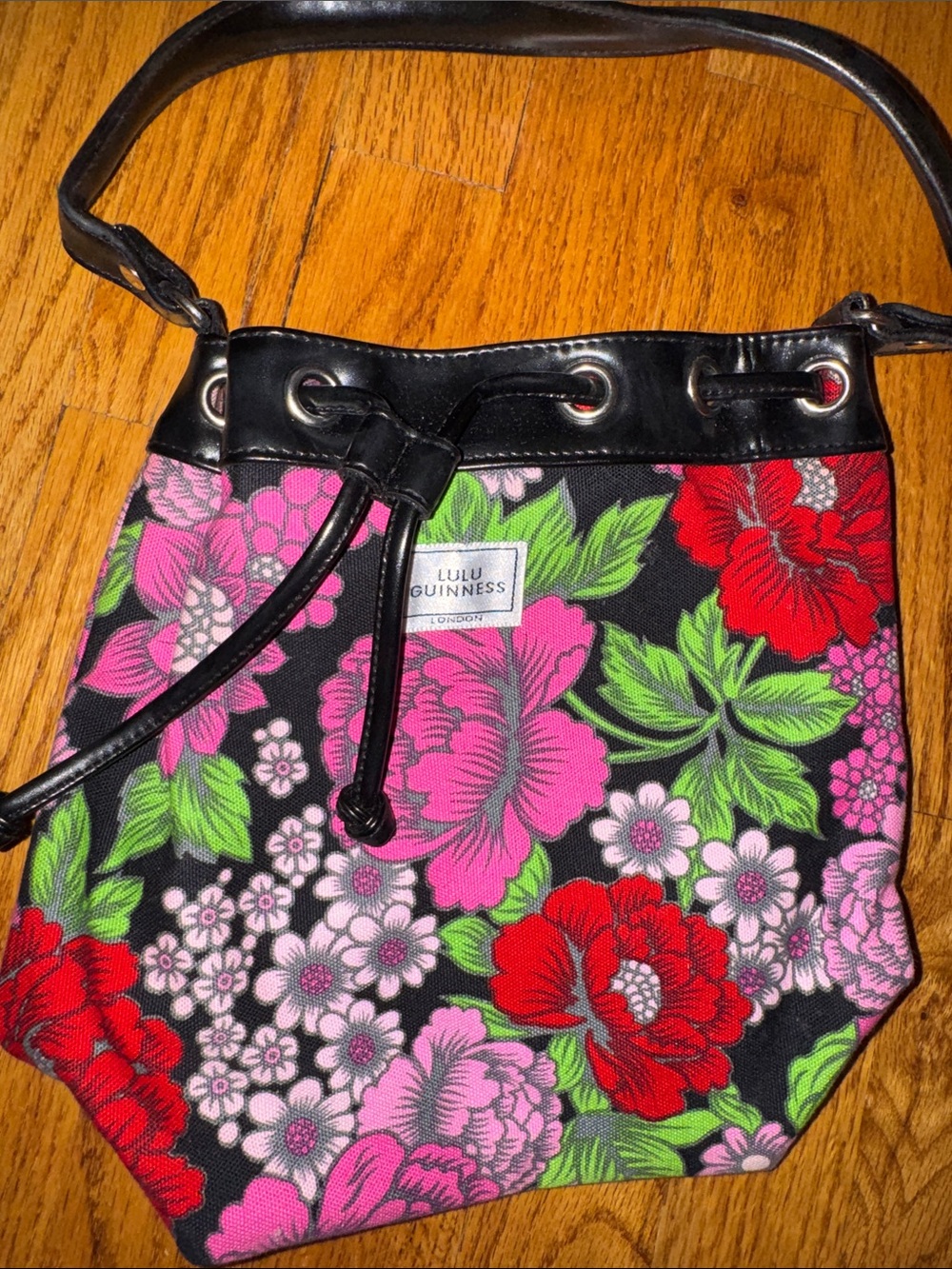 Lulu Guinness Black Floral Drawstring Crossbody Bag with Pink & Red Blooms